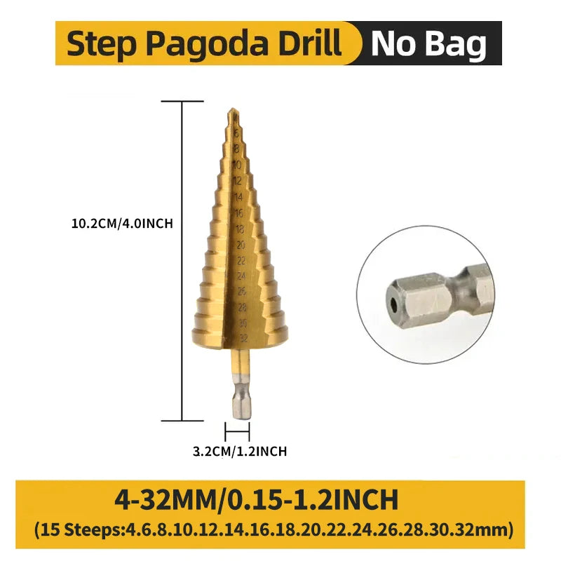 Hexagonal straight groove titanium plated step drill tower drill bit electric tool accessory set