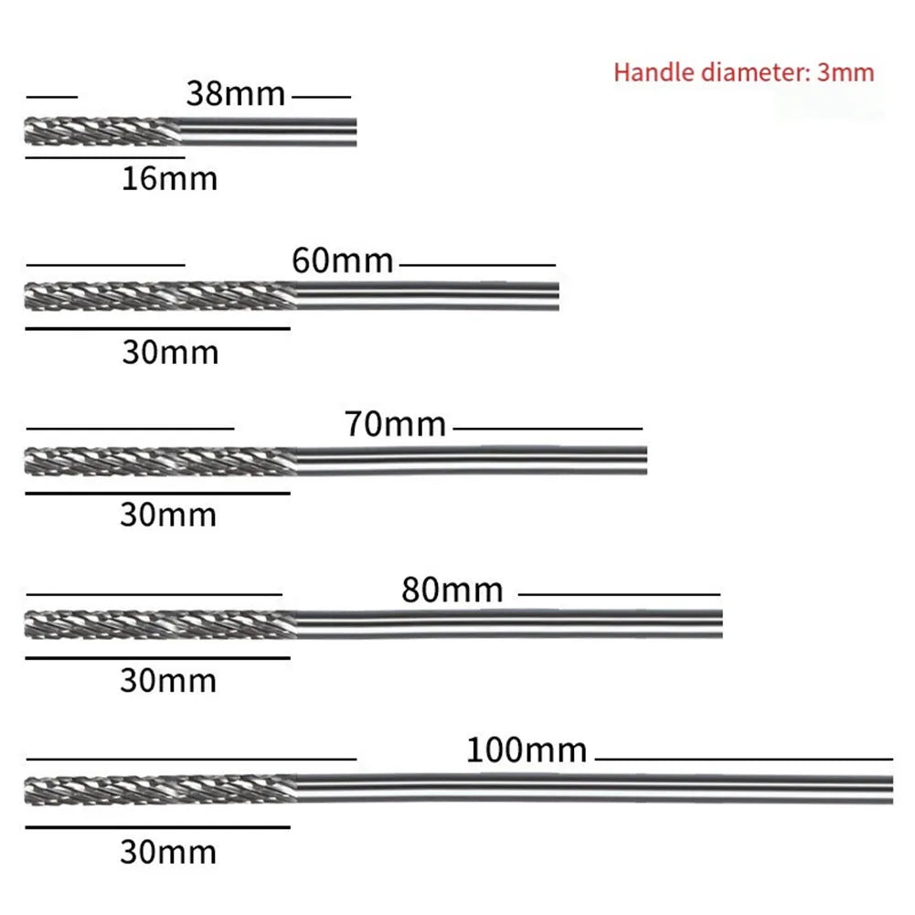 1pc 3mm 1/8 Long Shank Carbide Burs For Milling Cutter Burr Rotary 38mm-100mm For Dremel Rotary Tool Wood/Metal Hole Cutter