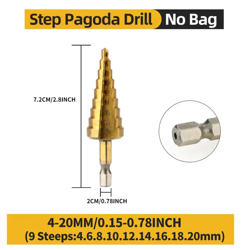 Hexagonal straight groove titanium plated step drill tower drill bit electric tool accessory set