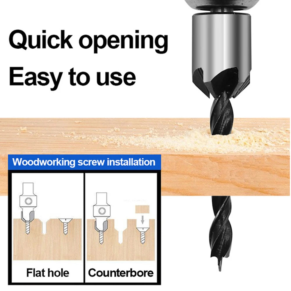 4pc Three Pointed Woodworking Counterbore Drill 3-6mm Reaming Drill Screw Chamfering Drill Bit Hole Opener Tool Set