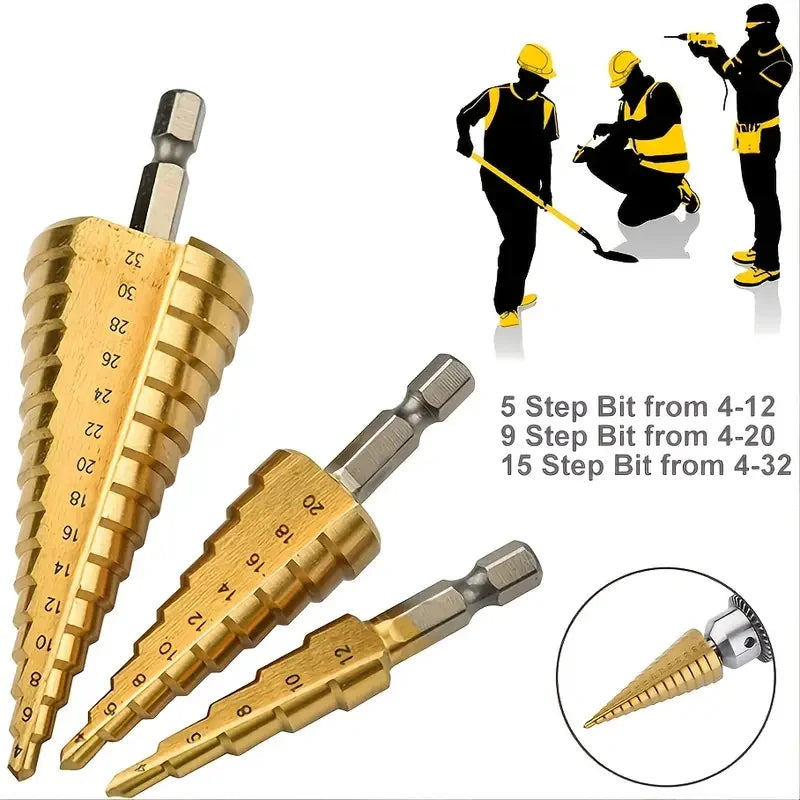 Hexagonal straight groove titanium plated step drill tower drill bit electric tool accessory set