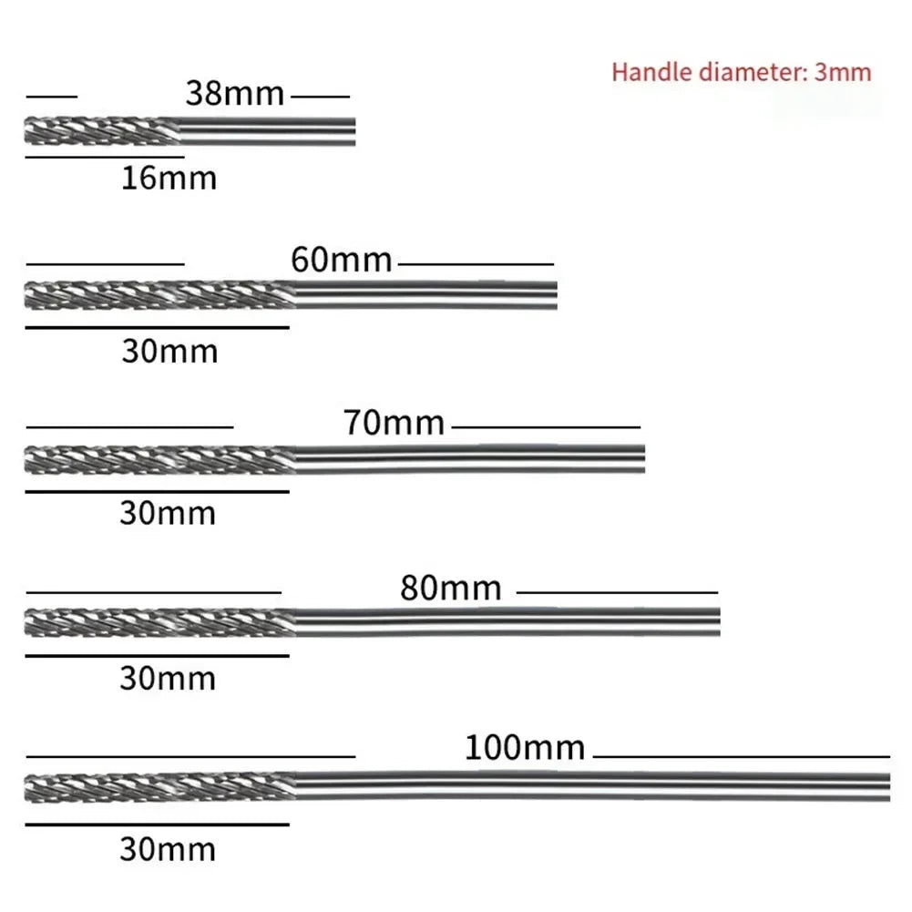 1pc 3mm 1/8 Long Shank Carbide Burs For Milling Cutter Burr Rotary 38mm-100mm For Dremel Rotary Tool Wood/Metal Hole Cutter