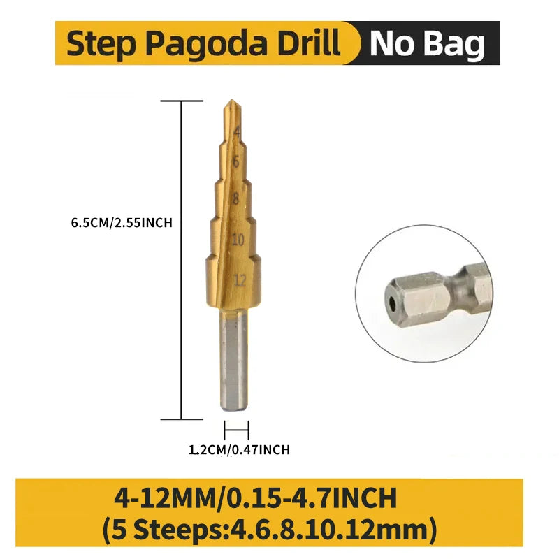 Hexagonal straight groove titanium plated step drill tower drill bit electric tool accessory set
